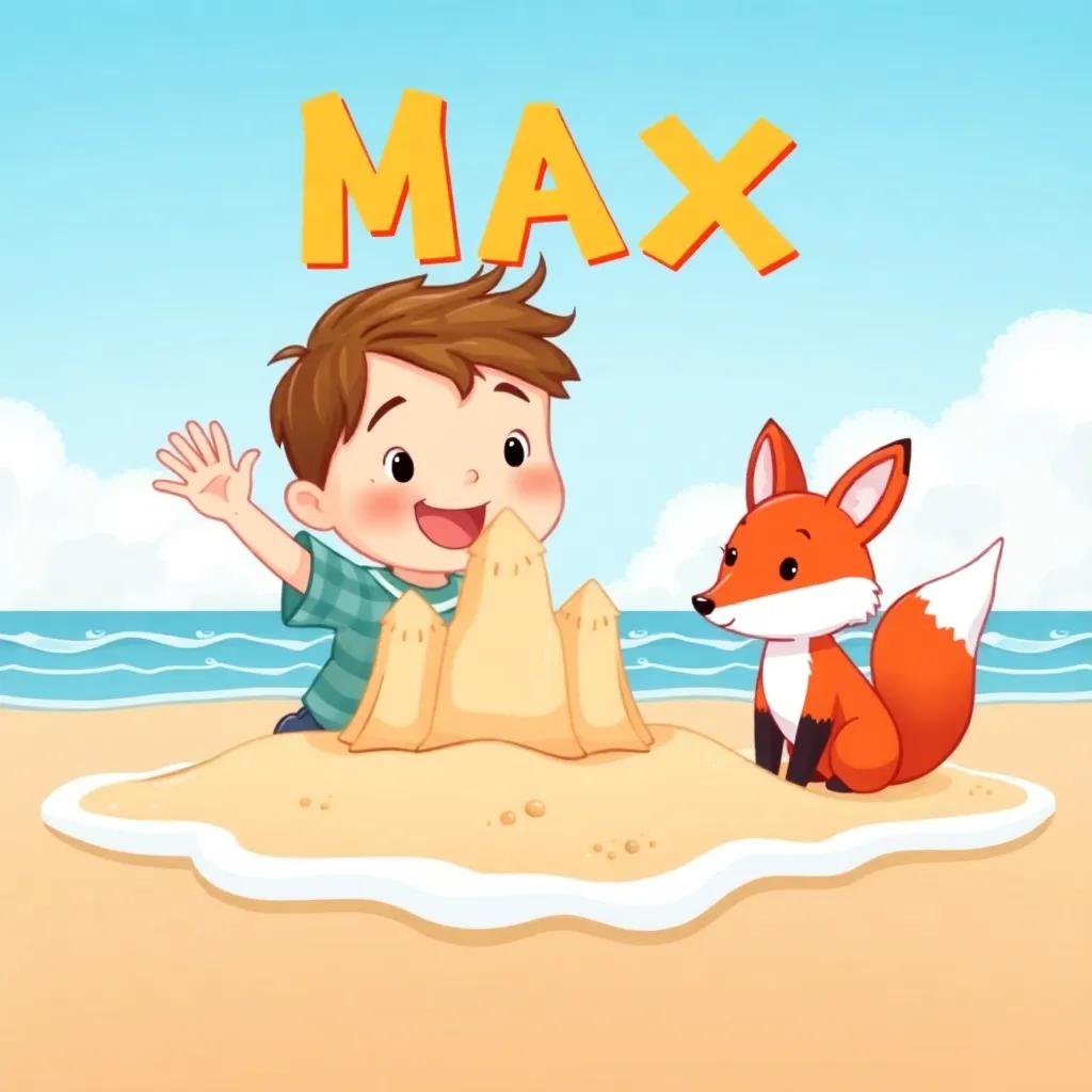Max, a little boy with short brown hair, proudly showing his big sandcastle to his toy fox, with waves lapping at the shore, bright blue sky with soft clouds, cheerful and imaginative, child-friendly illustration, high quality
