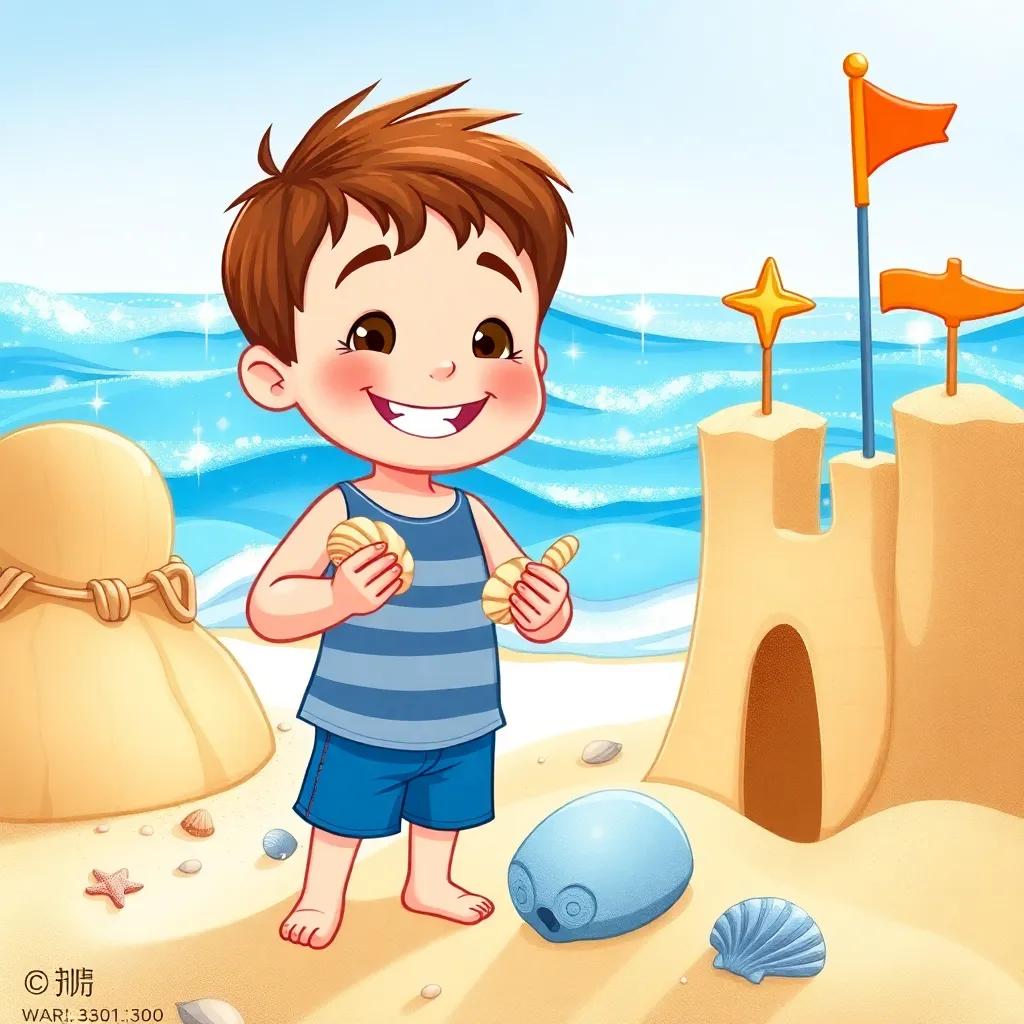 Max, a little boy with short brown hair, with seashells in his hands and a big smile on his face, standing proudly beside his completed sandcastle, with sparkling waves in the background, bright and joyful beach setting, digital art, high quality