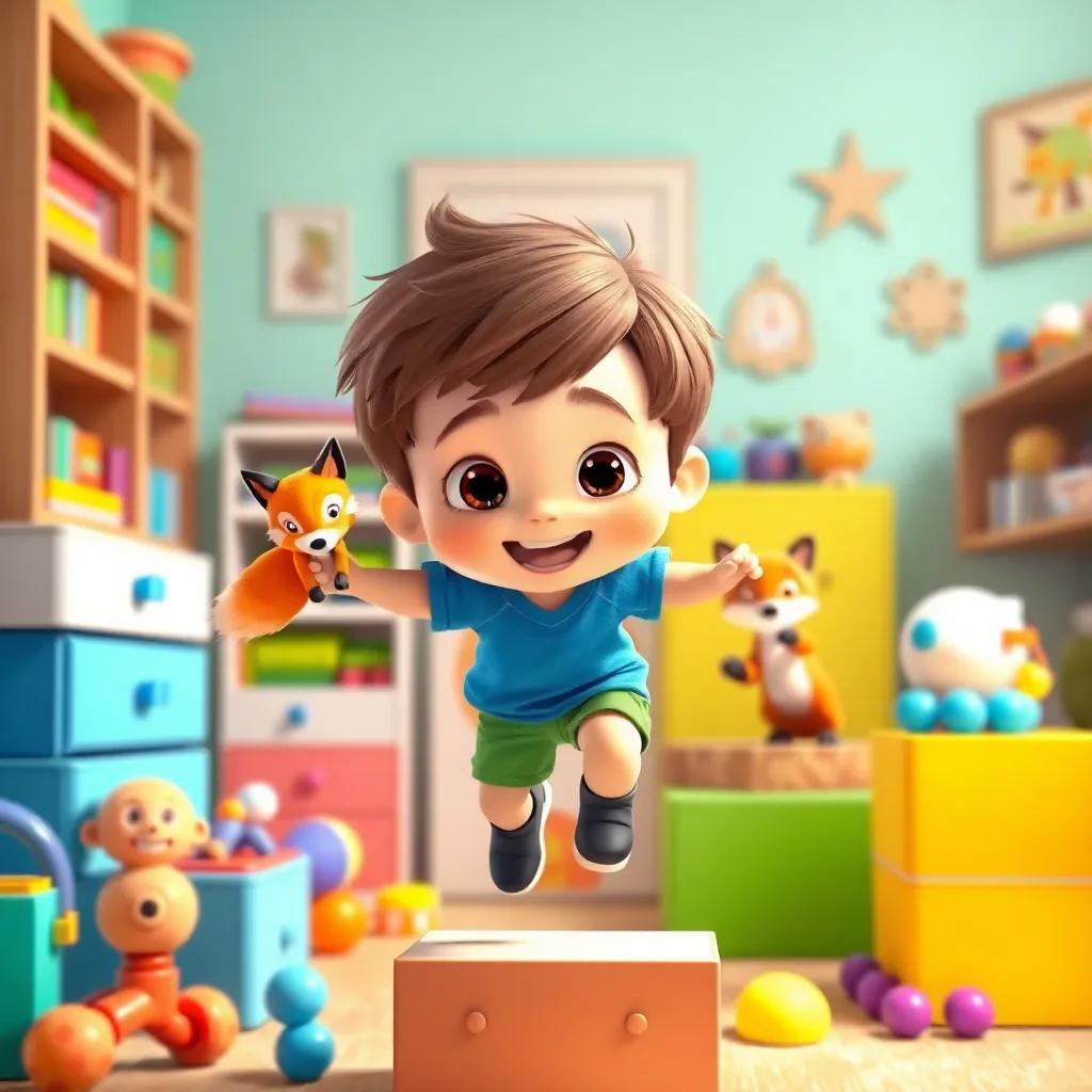 Max, a little boy with short brown hair in a blue t-shirt and green shorts, jumping on boxes in his room, his toy fox in his hand, surrounded by colorful toys, bright colors, playful scene, cheerful expression, high quality