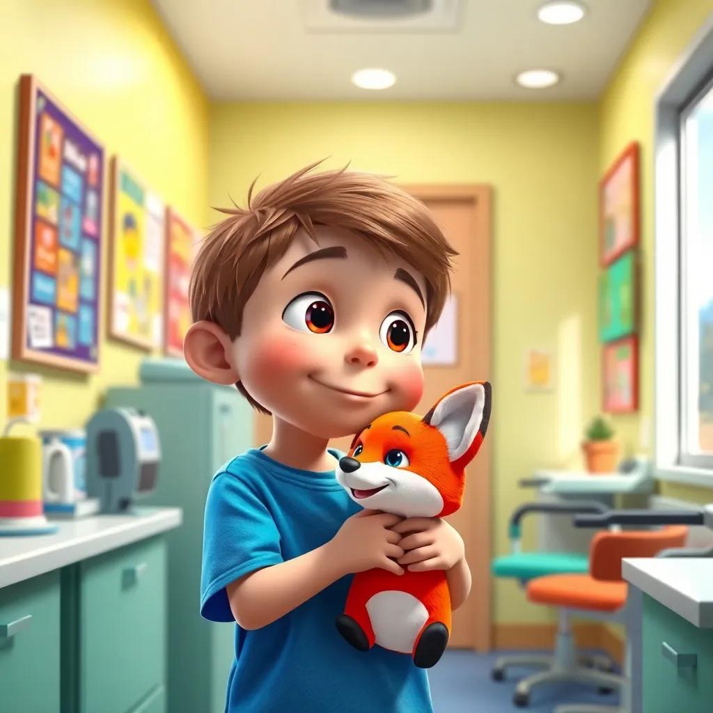 A warm and inviting doctor’s office with Max, a little boy with short brown hair and a bright blue t-shirt, holding his toy fox, looking around with wonder, colorful posters on the wall, cheerful atmosphere, high quality