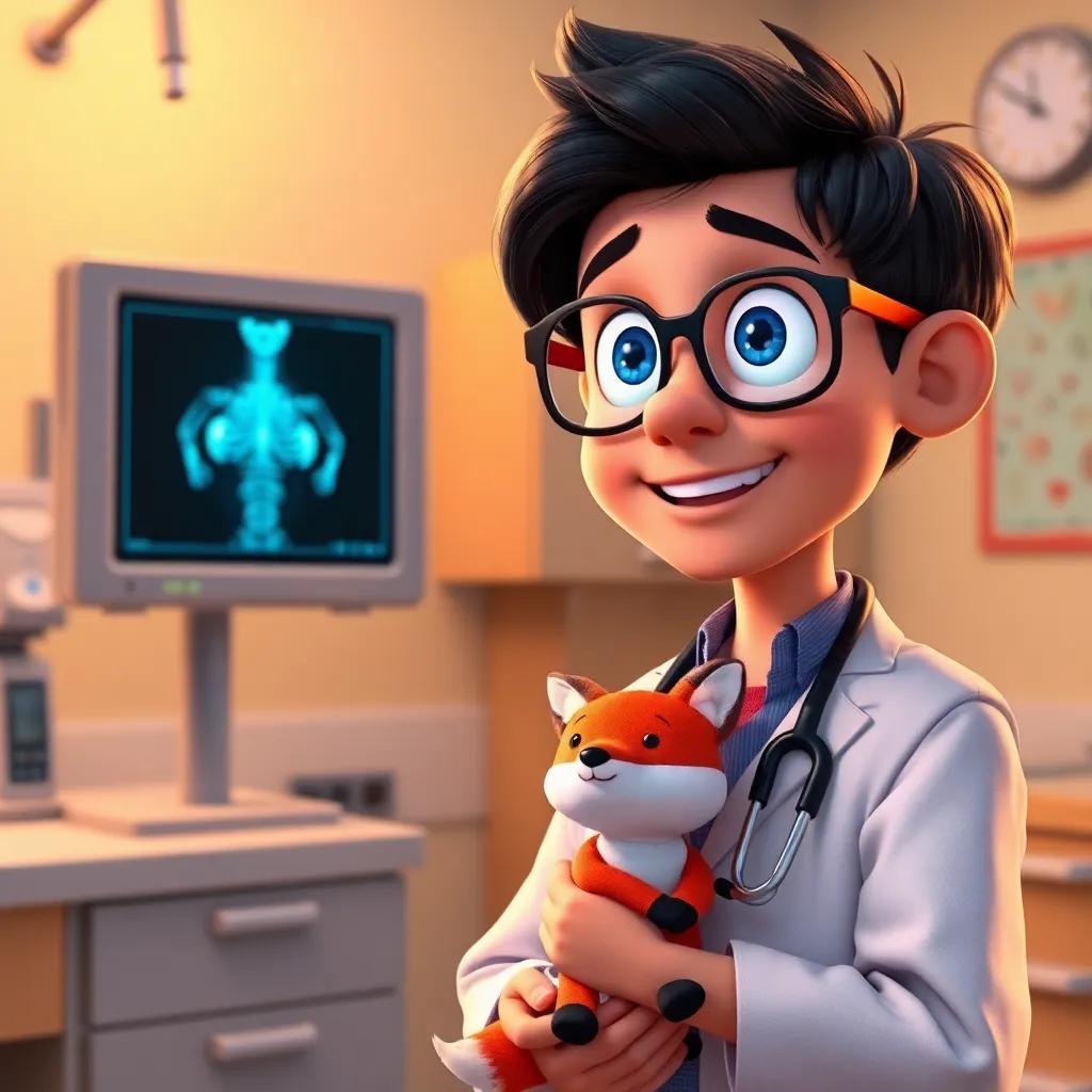 A friendly doctor with glasses showing Max his x-ray on a screen, Max looks amazed, holding his toy fox, a bright and colorful doctor's office, warm lighting, friendly atmosphere, child-friendly, high quality