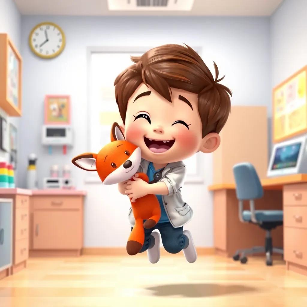 Max, a little boy with short brown hair, jumping up and down with joy in a cheerful doctor's office, hugging his toy fox, looking excited after hearing he is fine, colorful and bright, lively expression, high quality