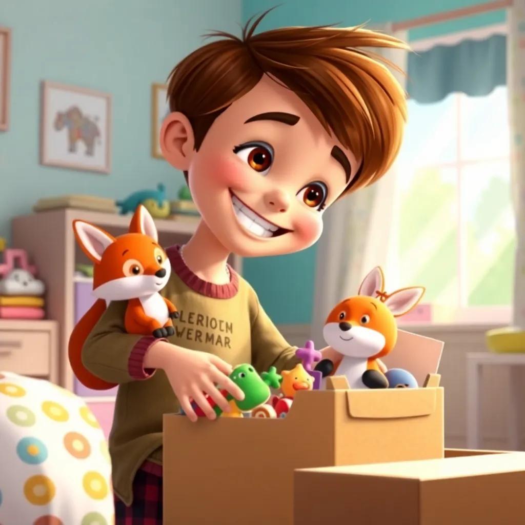 Max, a little boy with short brown hair, packing his toys neatly into boxes with a big smile, his toy fox next to him, tidy and colorful bedroom, bright light streaming in through the window, cheerful scene, high quality
