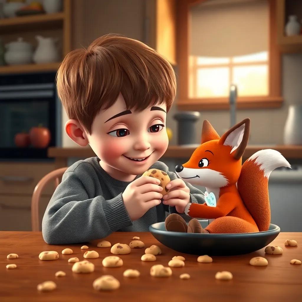 Max, a little boy with short brown hair, sitting at a table with cookie crumbs around him, sharing a cookie with his toy fox, cozy kitchen, warm and inviting atmosphere, happy feeling, high quality