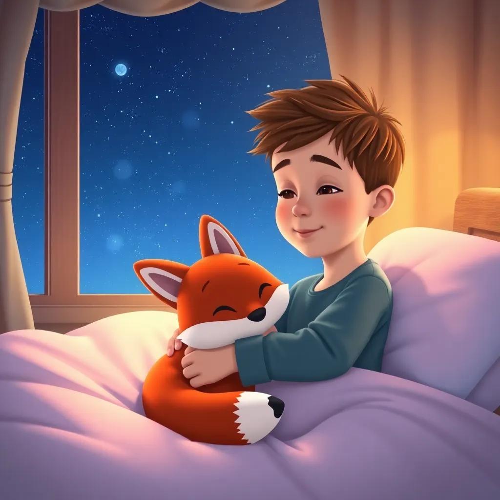 Max, a little boy with short brown hair, cuddled up in bed with his toy fox, night sky visible through the window, soft and cozy bedding, warm lighting, dreamy atmosphere, high quality