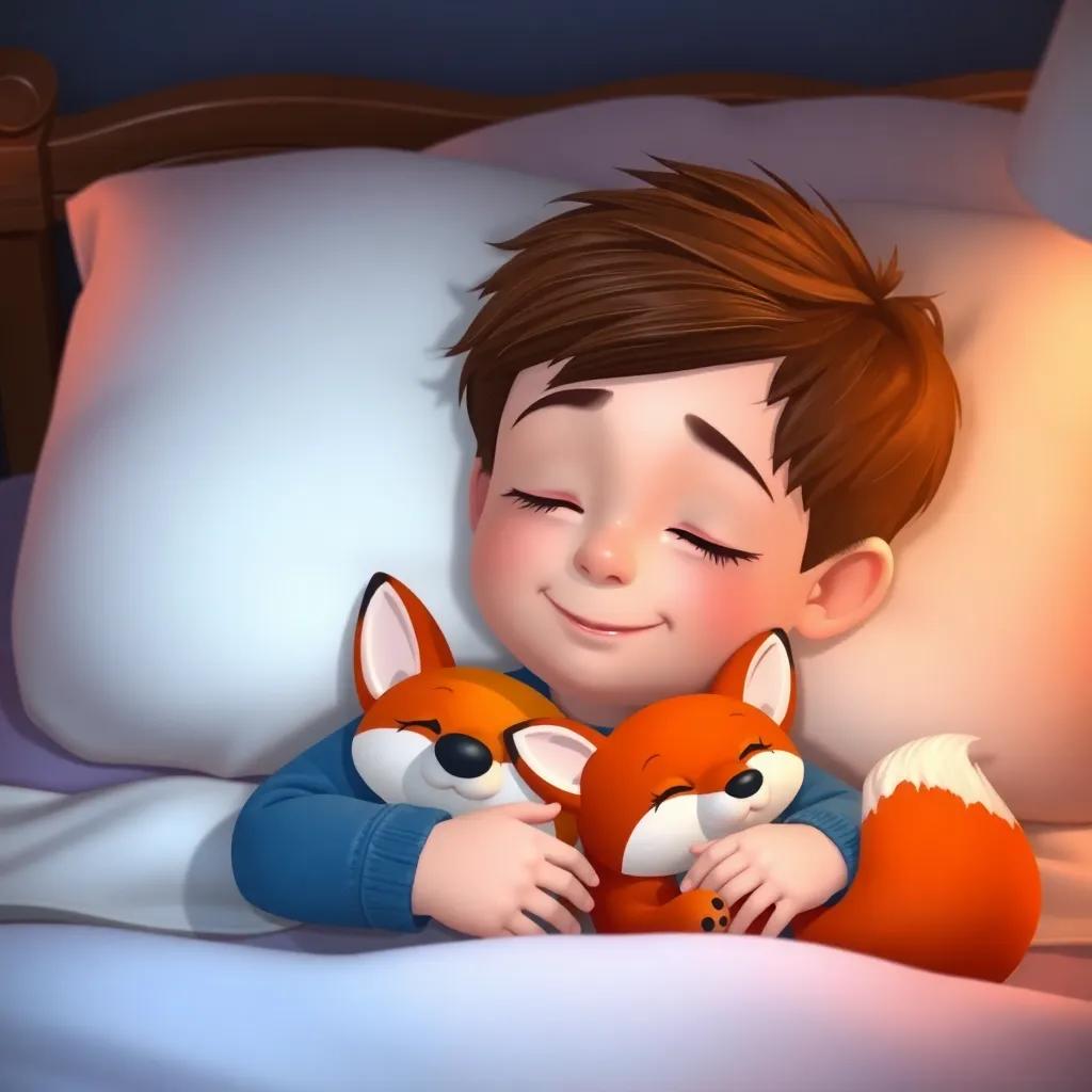 Max, a little boy with short brown hair, peacefully sleeping in bed with his toy fox, a gentle smile on his face, warm and cozy room, nighttime, soft colors, high quality