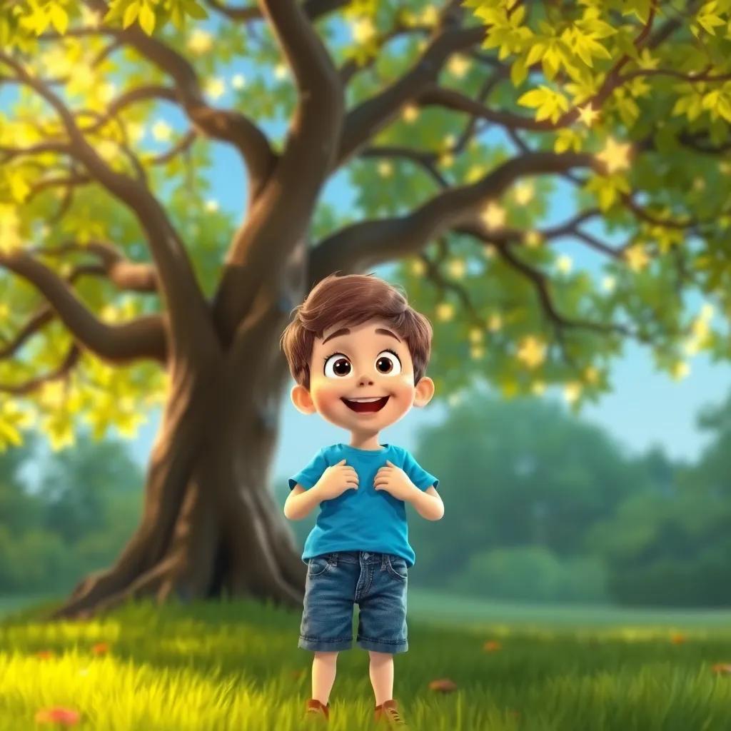 Max, a curious boy with short brown hair, wearing a bright blue t-shirt and denim shorts, standing excitedly in front of a singing tree with swaying branches and shimmering leaves, digital illustration, cheerful, lively scene, high quality.