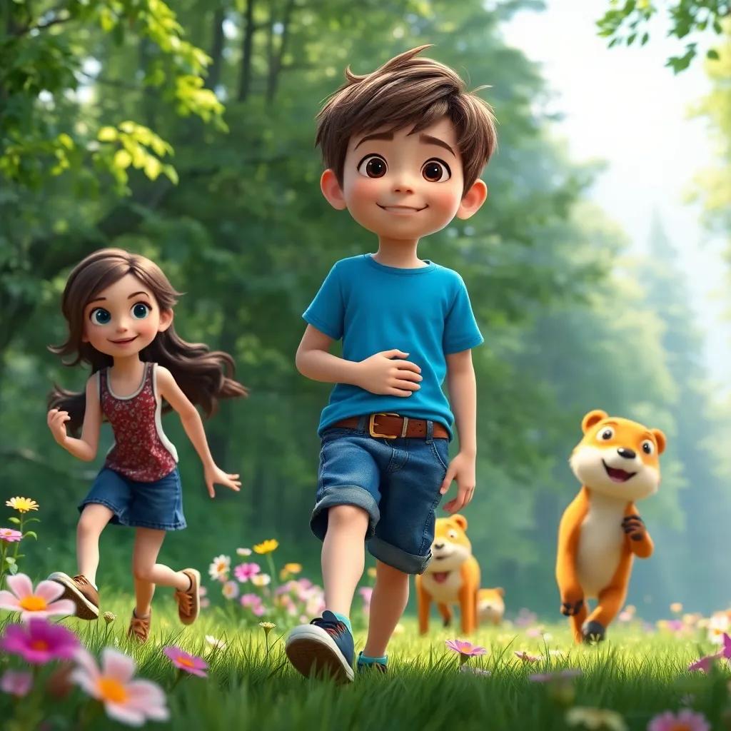 Max, a boy with short brown hair, wearing a bright blue t-shirt and denim shorts, leading his friends Lily and Jake, through a beautiful lush forest, green trees and bright flowers around them, joyful expressions, digital art, engaging atmosphere, high quality.