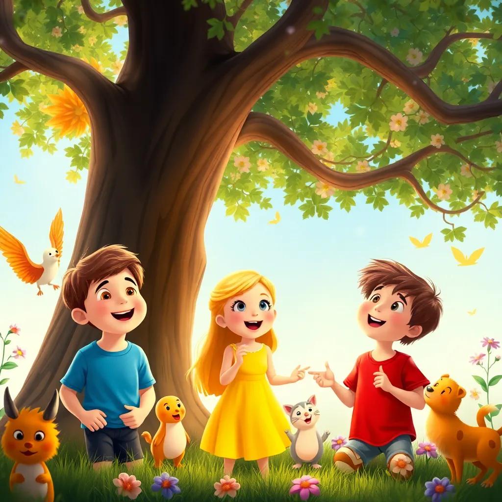 Three children singing joyfully under a tree, with Max, a boy with short brown hair in a blue t-shirt, Lily with long blonde hair in a yellow dress, and Jake with short brown hair in a red t-shirt, surrounded by dancing animals and blooming flowers, enchanting, colorful, high quality.