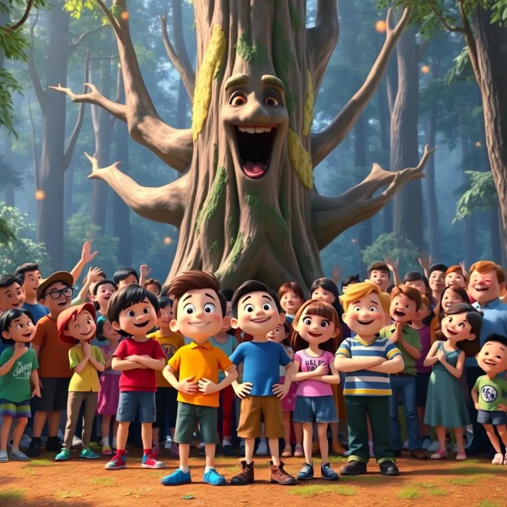 Max and his friends standing proudly in front of a cheerful crowd in the forest, with the singing tree in the background, everyone smiling and enjoying music together, bright colors, joyful atmosphere, high quality.