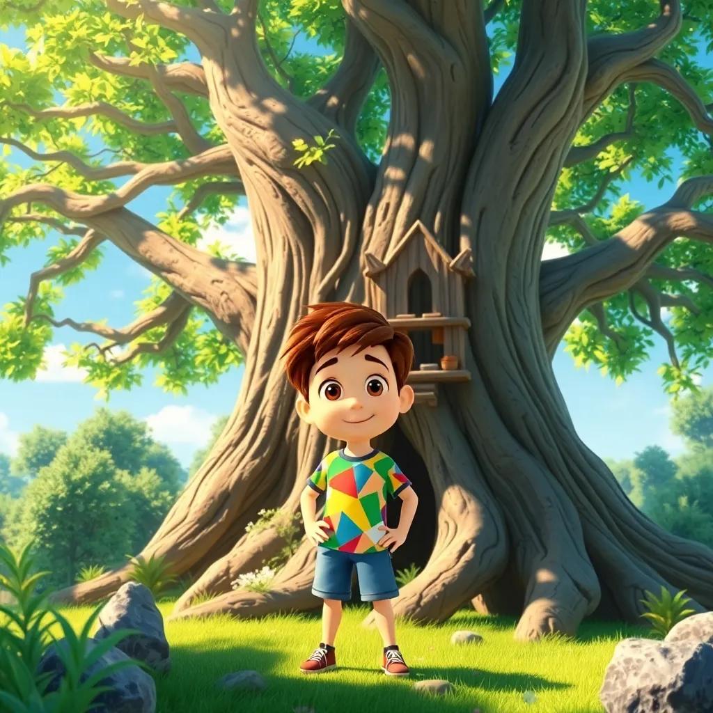 A curious boy, Max, with brown hair wearing a colorful t-shirt and shorts, discovering an ancient tree with a hidden treehouse, bright sunny day, vibrant colors, cheerful atmosphere, high quality