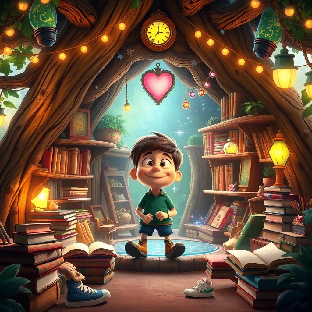 Max, inside the old treehouse, surrounded by fascinating books and magical decorations, heart full of excitement, creative ambiance, warm light, colorful, inviting