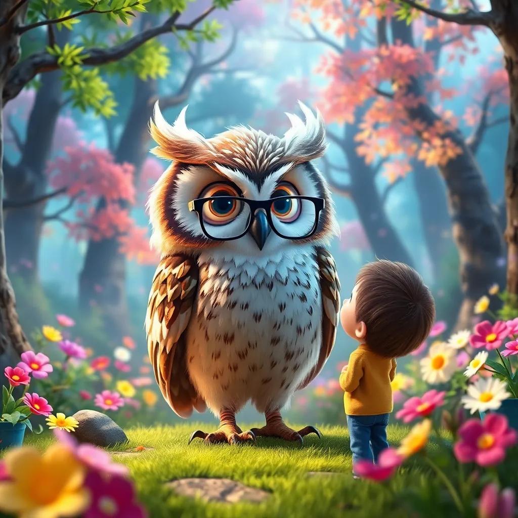 Oliver, a wise owl with shimmering feathers and tiny glasses, greeting Max in a magical forest filled with colorful trees and dancing flowers, welcoming atmosphere, high quality