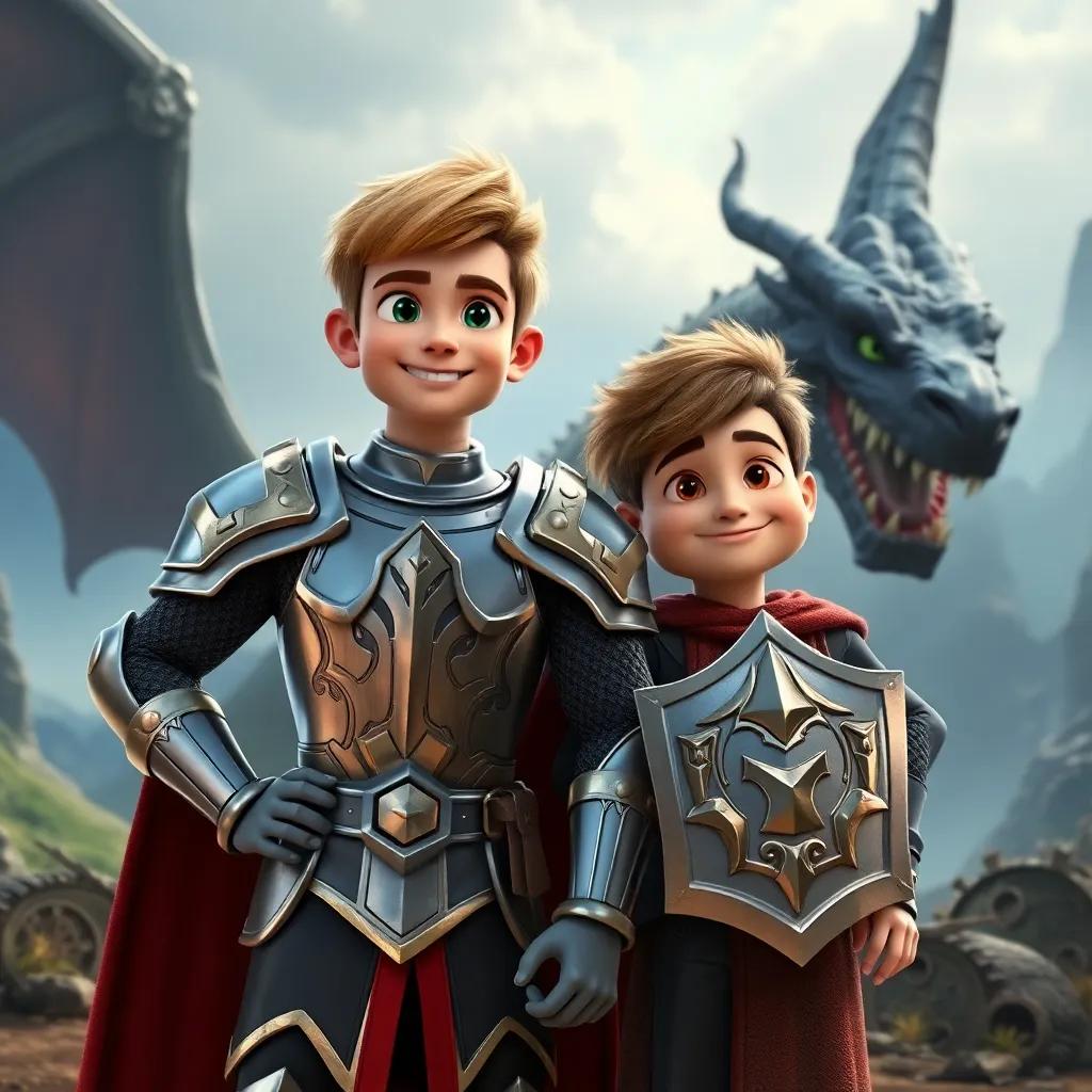 Leo, a brave knight with shining armor, confident smile, standing next to Max in front of a dragon's lair, dramatic landscape, adventurous vibe, dynamic pose, high quality