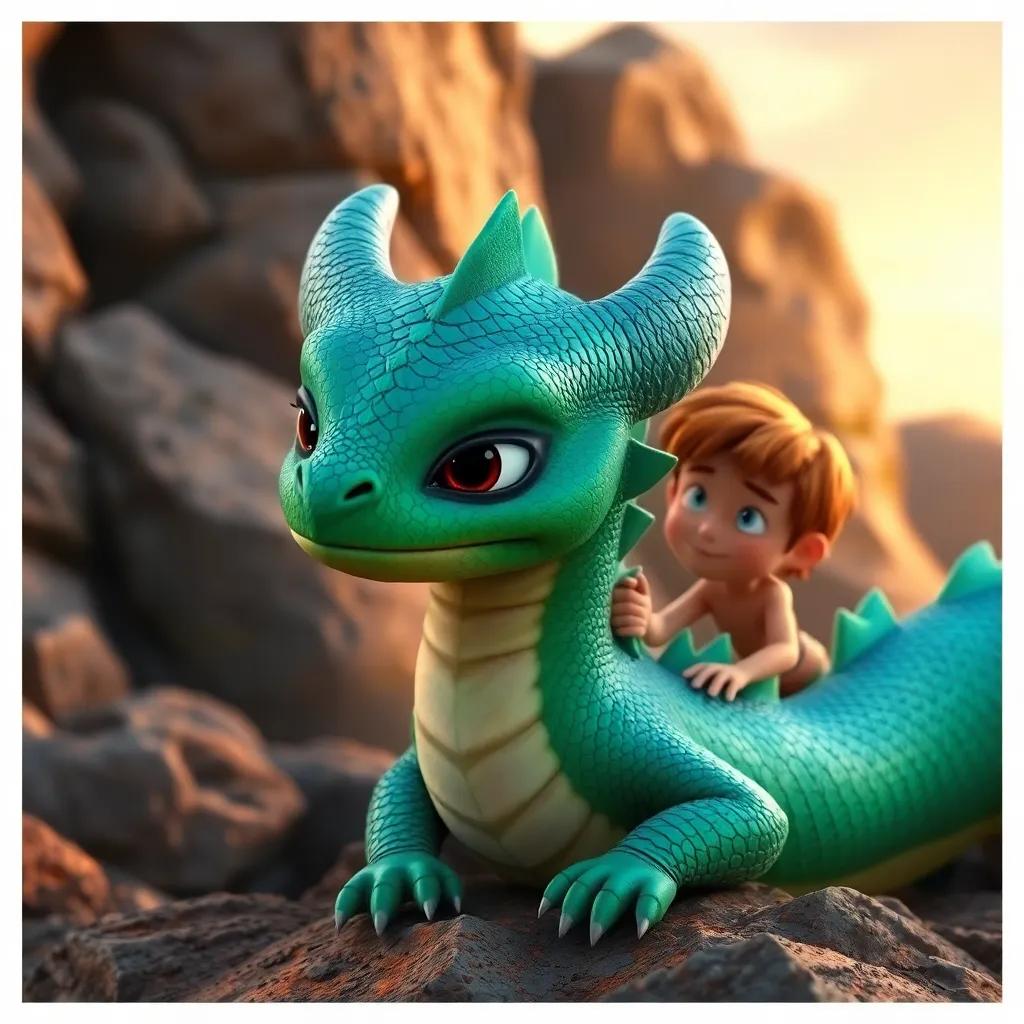 A gentle dragon with emerald scales, looking sad, with Max and Leo reassuring it, amidst a rocky background, emotional moment, warm colors, sincere atmosphere, high quality
