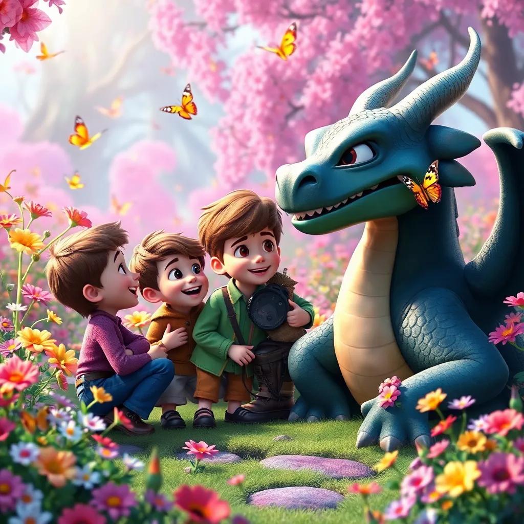 Max, Oliver, Leo, and the dragon conversing, laughter filling the air in a magical setting, filled with vivid flowers and butterflies, joyful friendship, colorful, high quality