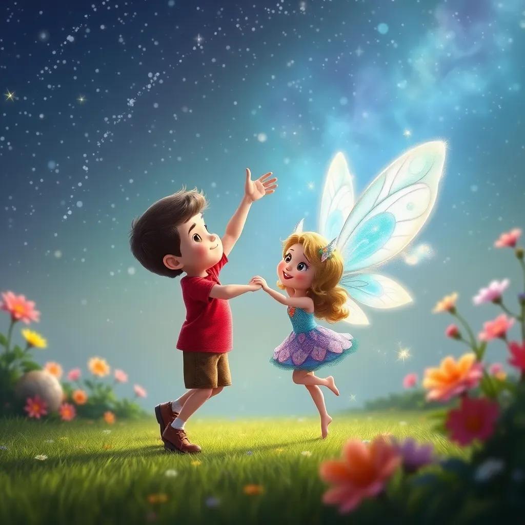 Max dancing with Lily, a playful fairy with sparkly wings and flowers, under a starry sky, dreamlike atmosphere, enchanting colors, high quality