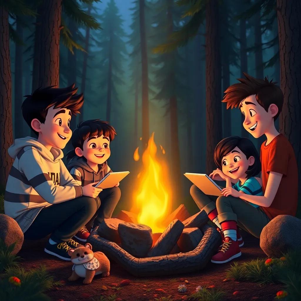 Max and his friends creating memories around a glowing campfire in the forest, sharing stories, warmth of the fire illuminating their faces, heartwarming scene, cozy, high quality