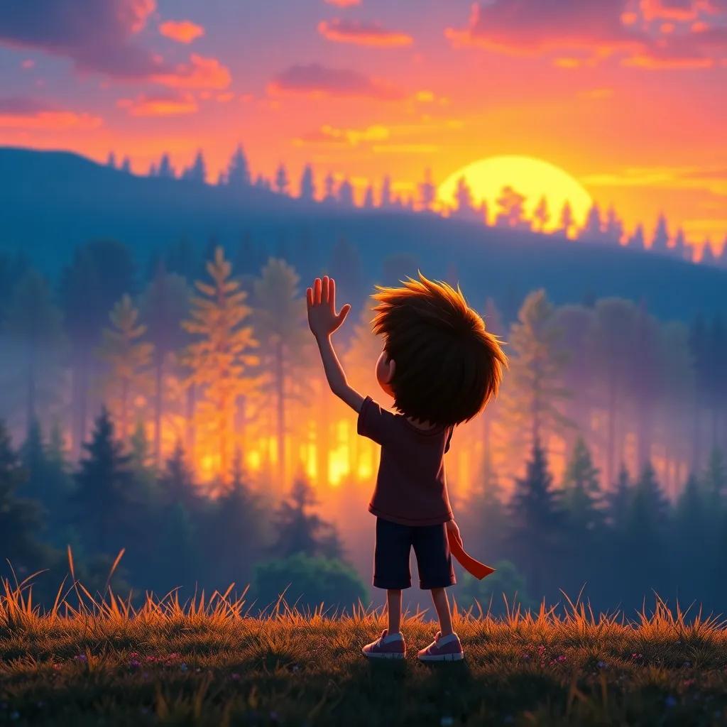 A beautiful sunset as Max waves goodbye to his friends, the magical forest behind him filled with light, vibrant colors, emotional farewell, high quality
