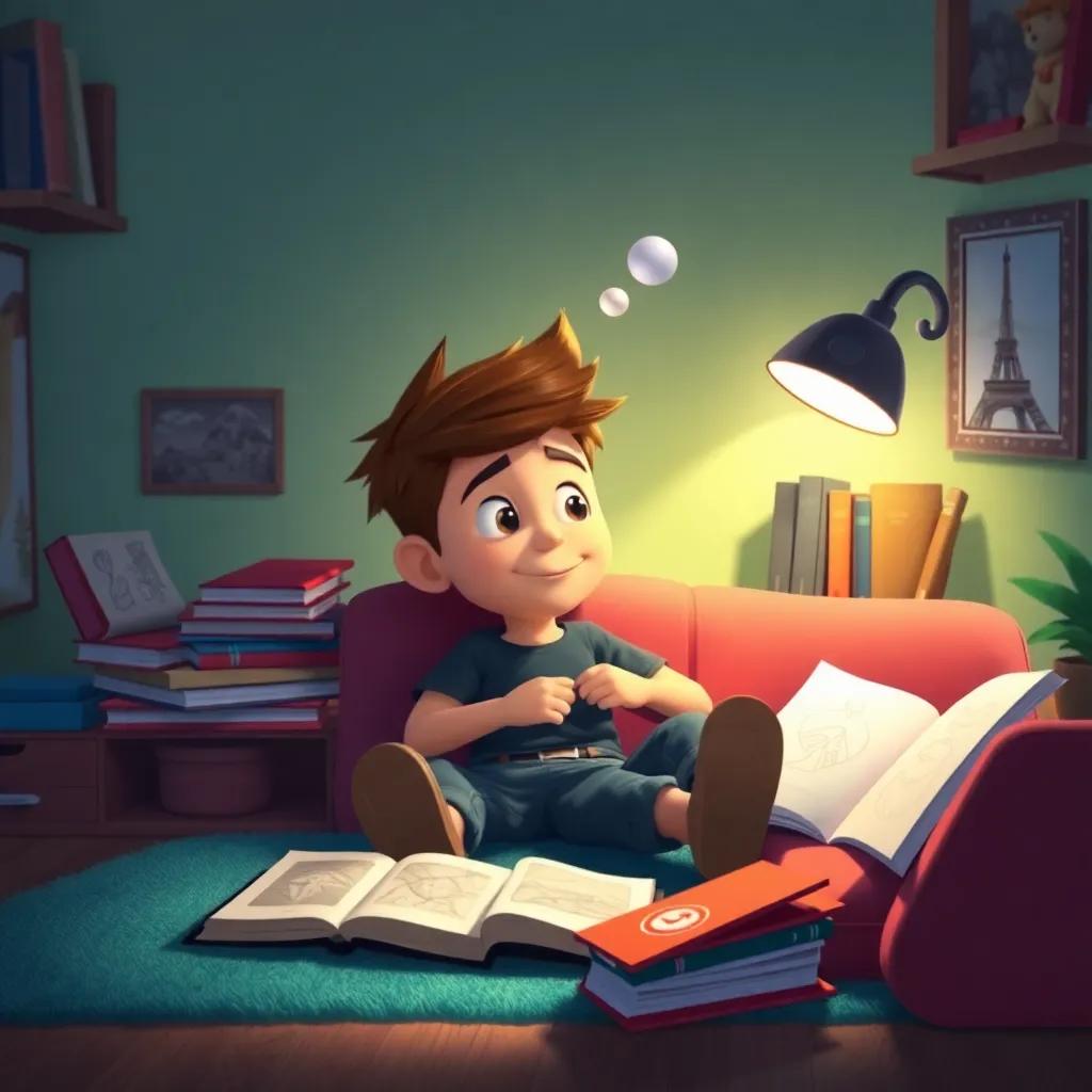 Max at home, dreaming of his next adventure, surrounded by books and sketches of his journey, peaceful environment, inspiring colors, high quality