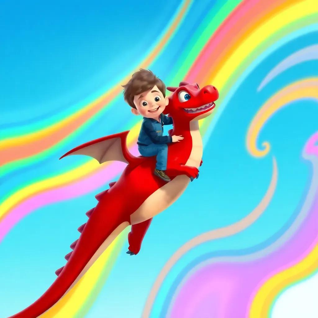Max, sitting on Ruby the Dragon's back as they fly through the swirling colors of the rainbow, excitement on his face, bright blue sky around them, joyful and magical, illustration, high quality