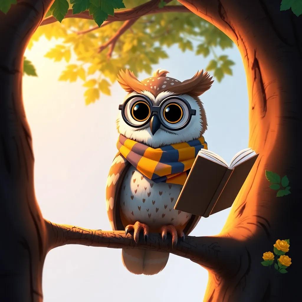 Ollie the Owl, a wise-looking owl with big round glasses and a colorful scarf, perched on a tree branch in the orange section of the rainbow, telling stories to Max, in a detailed and cozy scene, warm light, high quality