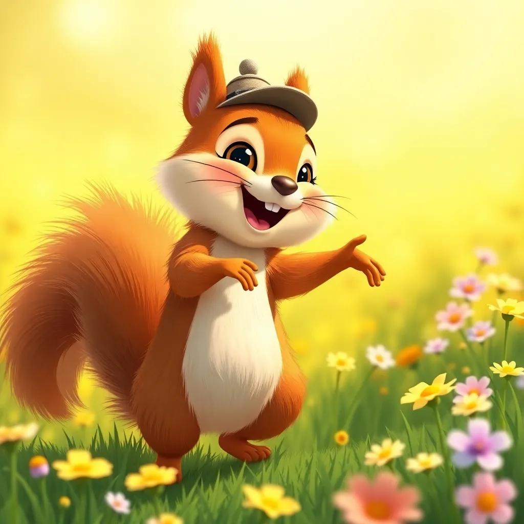 Sunny the Squirrel, a cheerful squirrel with fluffy fur and a tiny hat, dancing with Max in a sunny yellow meadow, filled with flowers and laughter, vibrant colors, cartoonish, high quality