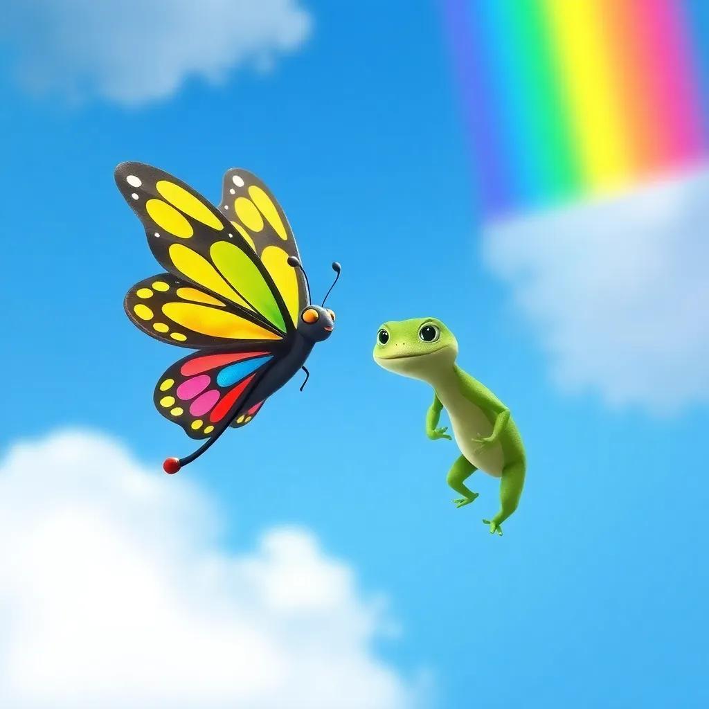 Bella the Butterfly, a colorful butterfly with rainbow wings flying with Ian the Iguana, a small green iguana, as they share stories of diversity with Max in the blue section of the rainbow, cheerful backdrop, high quality