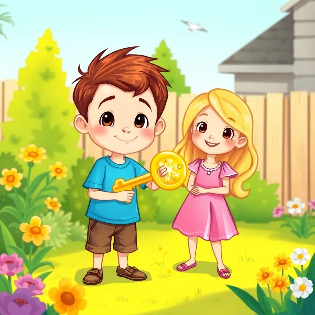 A little boy, Max, with short brown hair and a blue t-shirt, holding a shiny golden key with his friend Lily, a girl with long blond hair in a pink dress, both standing in a backyard, surrounded by greenery and bright flowers, cheerful, adventurous theme, high quality