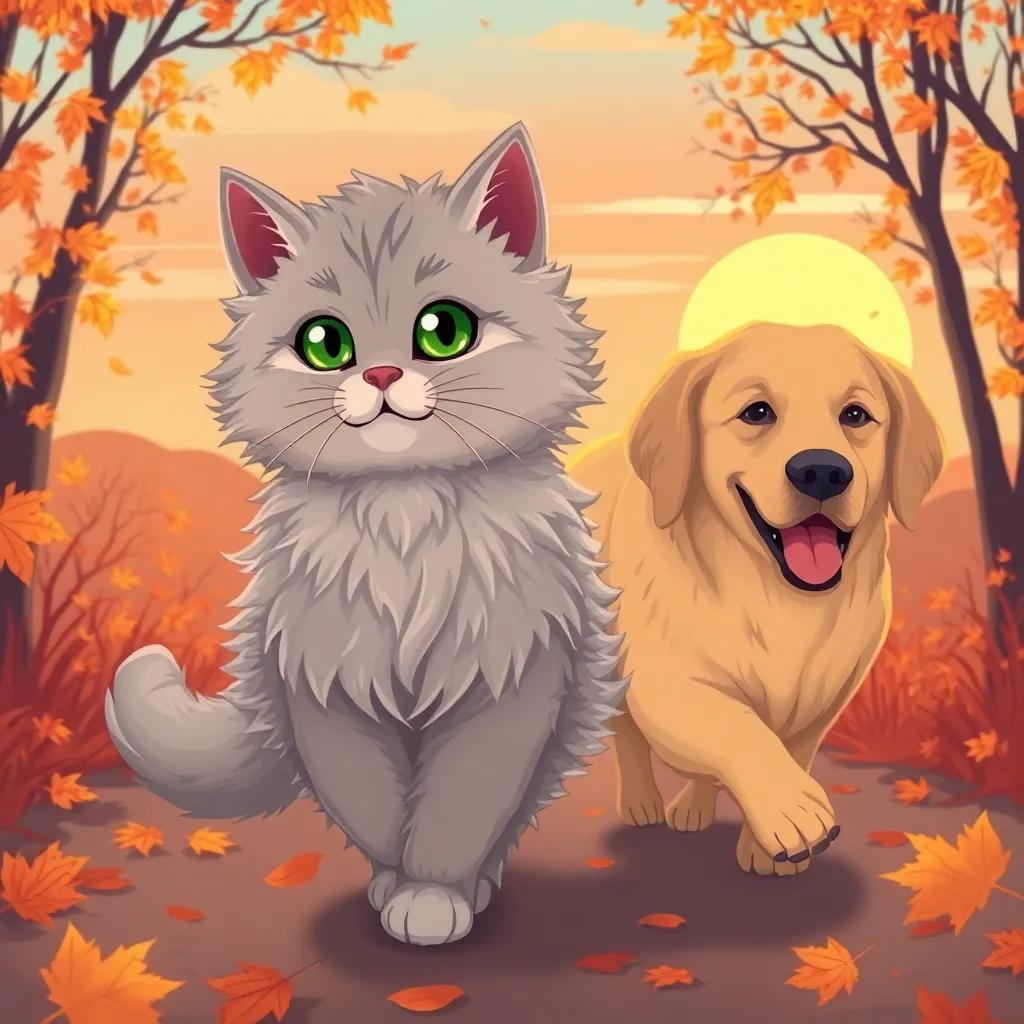 A fluffy stray cat, Velvet, with soft gray fur and bright green eyes, happily walking beside a Golden Retriever (Max), both surrounded by falling autumn leaves with a golden sunset in the background, illustration, warm and inviting, cozy, high quality
