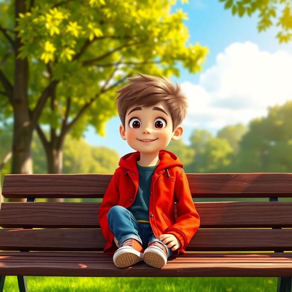 A young boy, Max, with short brown hair wearing a bright red jacket and jeans, sitting on a wooden park bench under leafy trees, with a sunny sky above, digital art, warm colors, cheerful atmosphere, inviting view, high quality