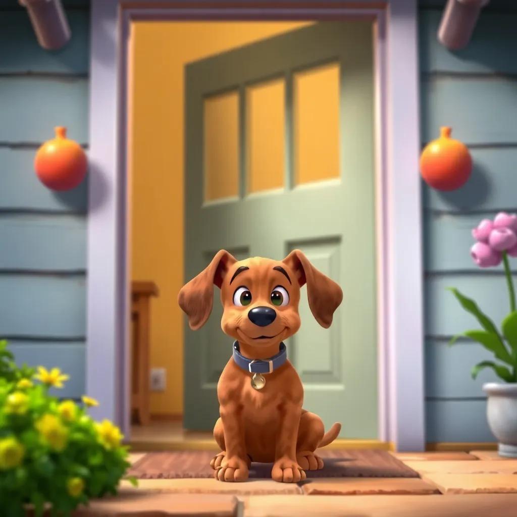 A curious dog named Max, a medium-sized brown dog with floppy ears, sitting at the door of a cozy house, looking eager and eager to go out, digital art, bright colors, inviting atmosphere, cheerful vibe