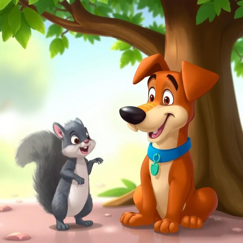Max the dog with a quick squirrel friend, a small gray squirrel with a fluffy tail and bright eyes, chatting excitedly under a green tree, digital drawing, playful, animated scene, vibrant colors