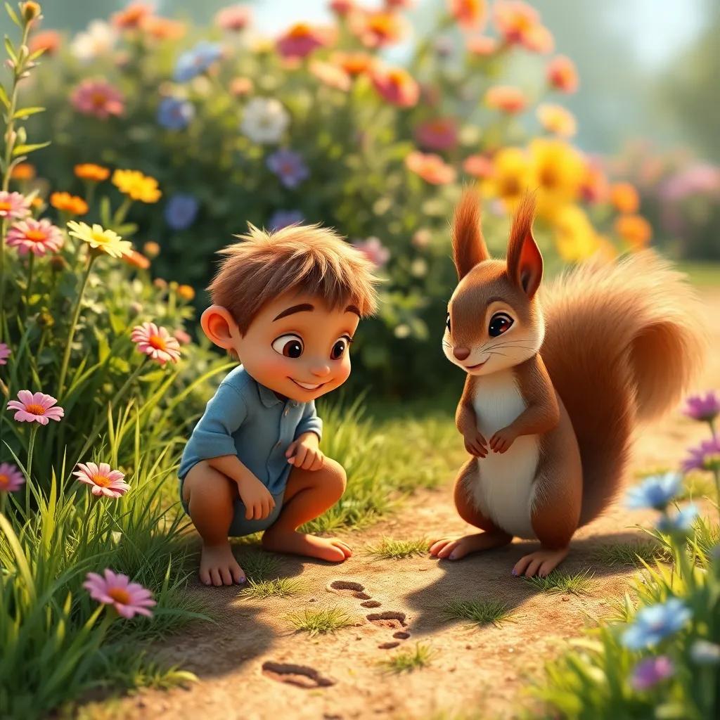Max and the squirrel examining small footprints on the ground, surrounded by grass, bushes, and colorful flowers, their expressions curious and focused, lively art style, warm natural light, high-quality