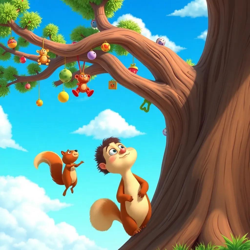 A large tree with toys hanging from the branches, Max and the squirrel looking up with surprise, a bright blue sky, and white fluffy clouds above, colorful and whimsical illustration, fun details, cartoonish