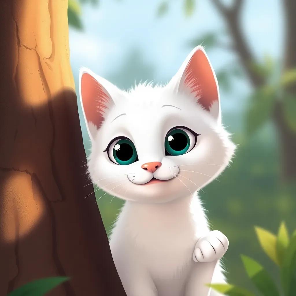 A white cat named Blanco, looking shy yet friendly, peeking from behind the tree, with big wide eyes, digital painting, playful, friendly atmosphere, soft colors