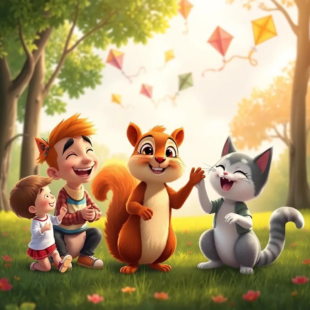 The three friends, Max, the squirrel, and Blanco the cat, playing happily together in the park, children around them laughing, colorful kites flying in the sky, heartwarming scene, cheerful
