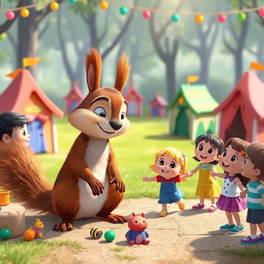Max and the squirrel organizing a playground with toys, children arriving joyfully, everyone holding hands, colorful little tents in the background, delightful atmosphere, child-friendly art