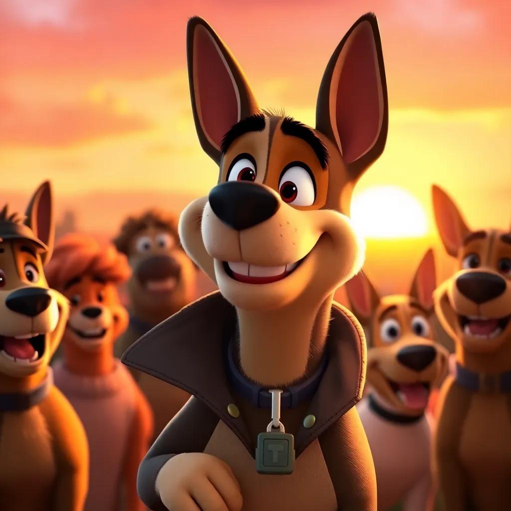 Max, the detective dog, feeling proud and content with a smile on his face, surrounded by friends, with a sunset in the background, warm colors, joyful energy, high-quality