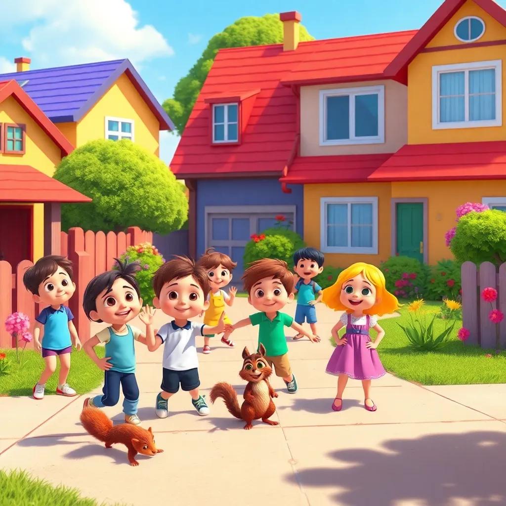 A colorful neighborhood scene, where all the children are playing together, Max, the squirrel, and Blanco watching happily, vibrant colors, sunny day, friendly atmosphere