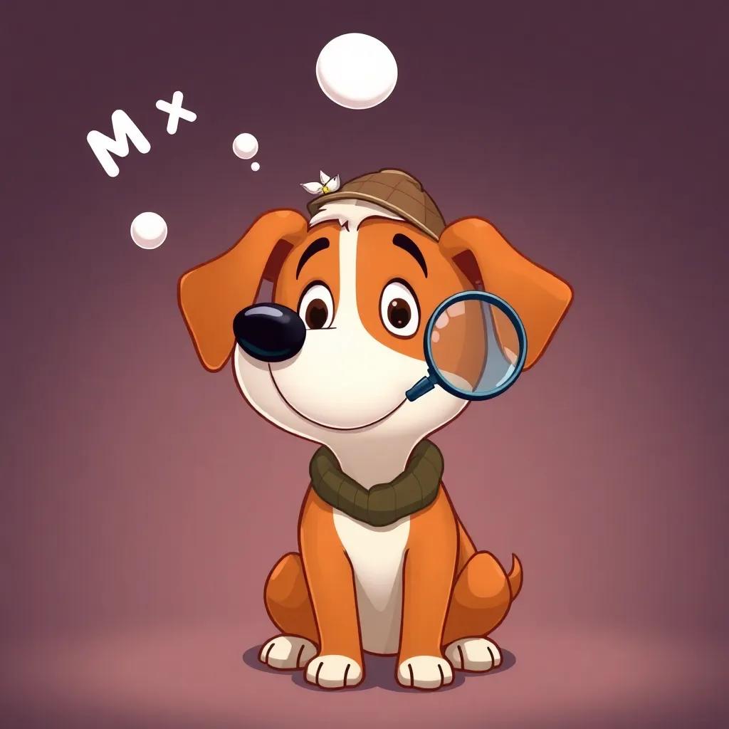 Max, a curious dog, dreaming of being a detective, with a thought bubble showing him wearing a detective hat and magnifying glass, cheerful playful art, whimsical style