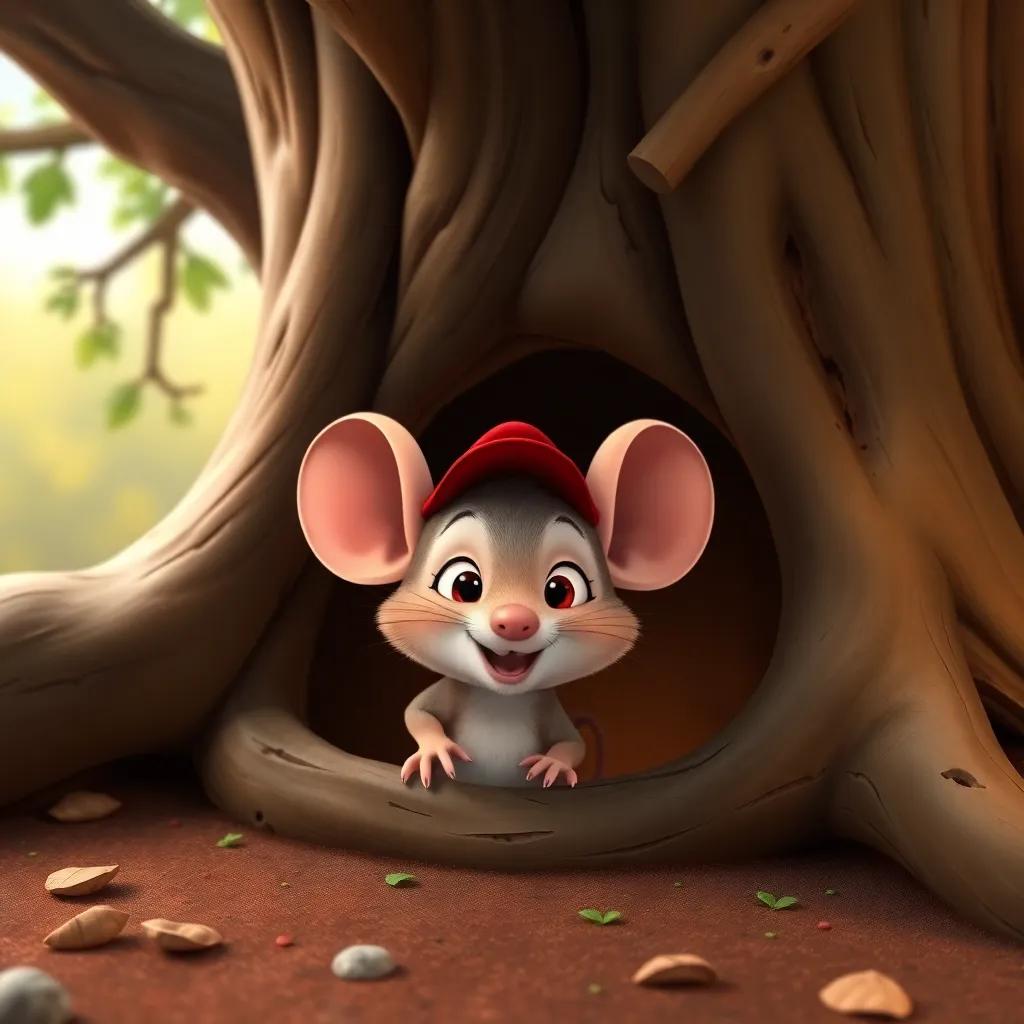 A mischievous little mouse, Max, wearing a small red cap, peeking out of a cozy hole under a big oak tree, digital art, warm colors, friendly and playful atmosphere, high quality