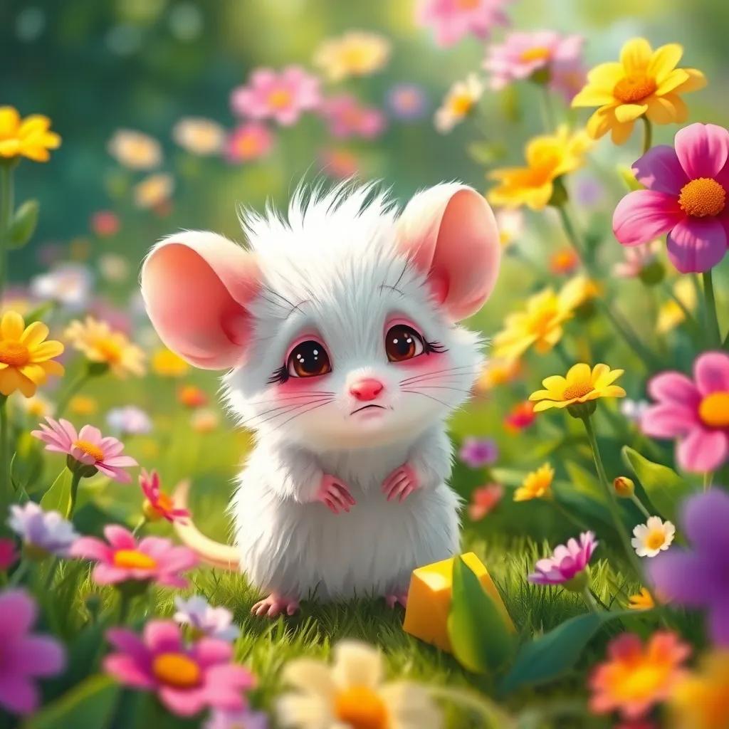 A fluffy white mouse named Bella, looking sad, searching for her lost cheese in a bright garden filled with flowers, digital painting, vibrant colors, emotional expression, high quality