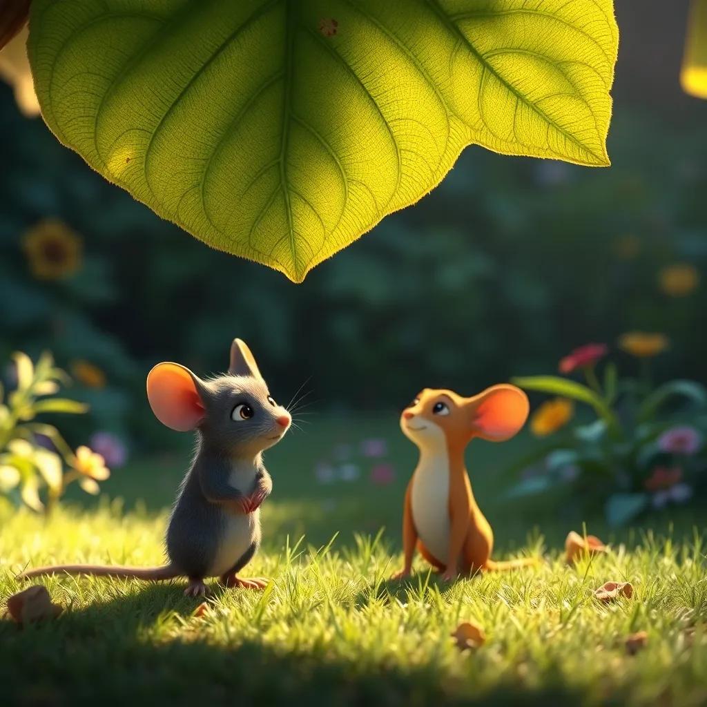 Max the mouse looks guilty, watching Bella from a distance, under a shady leaf, the garden in the background, digital art, soft lighting, high quality