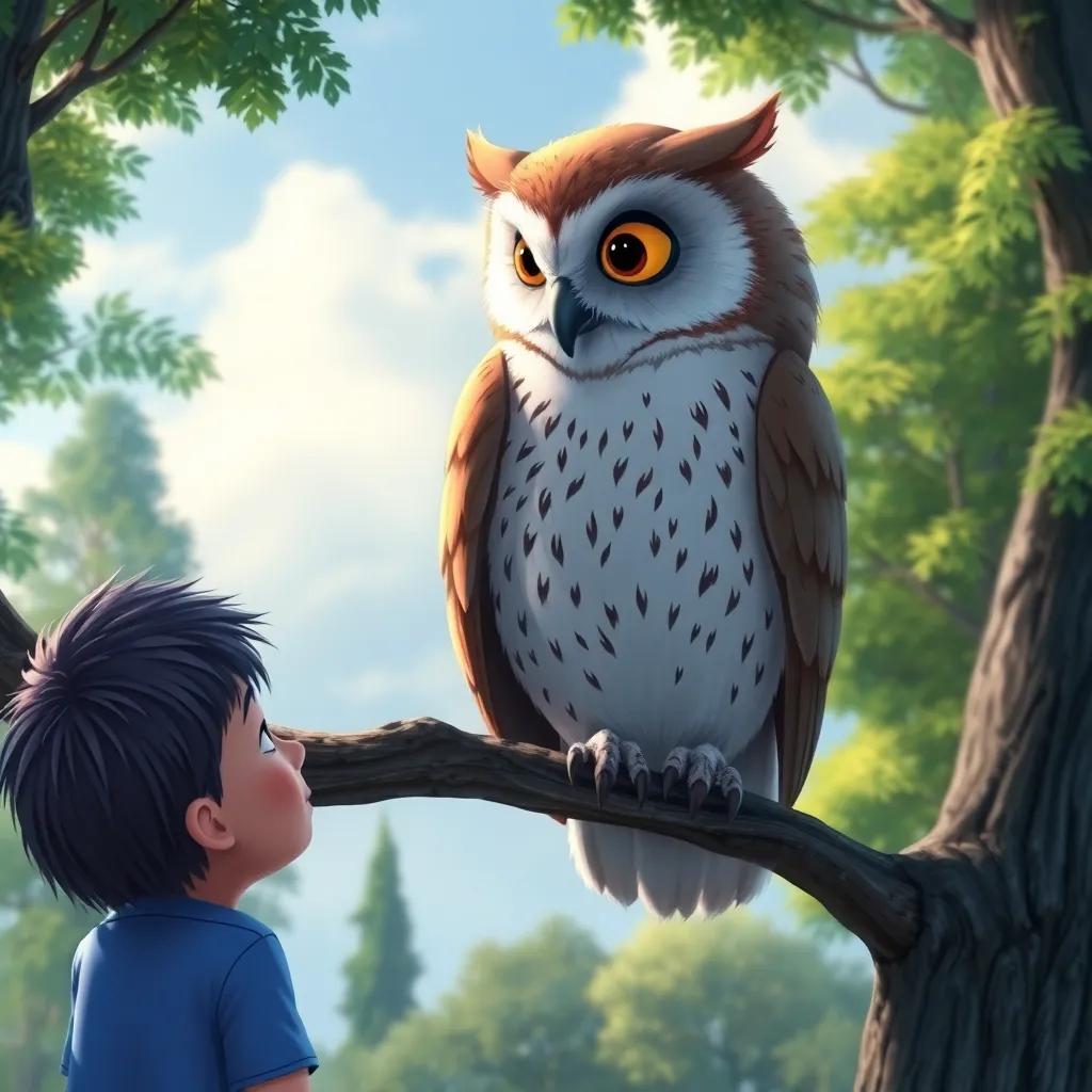 A wise old owl, Oliver, sitting on a branch, looking down at Max, with trees and sky in the background, conveying wisdom and friendship, digital illustration, detailed, high quality
