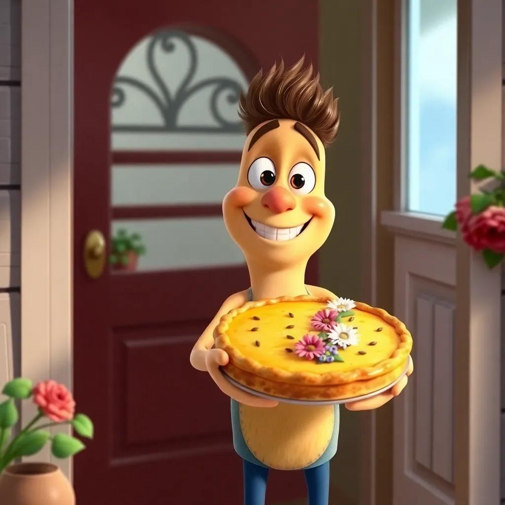Max proudly holding a freshly baked cheese pie, beautifully decorated with flowers, standing at Bella's door with a big smile, digital art, bright colors, inviting look, high quality