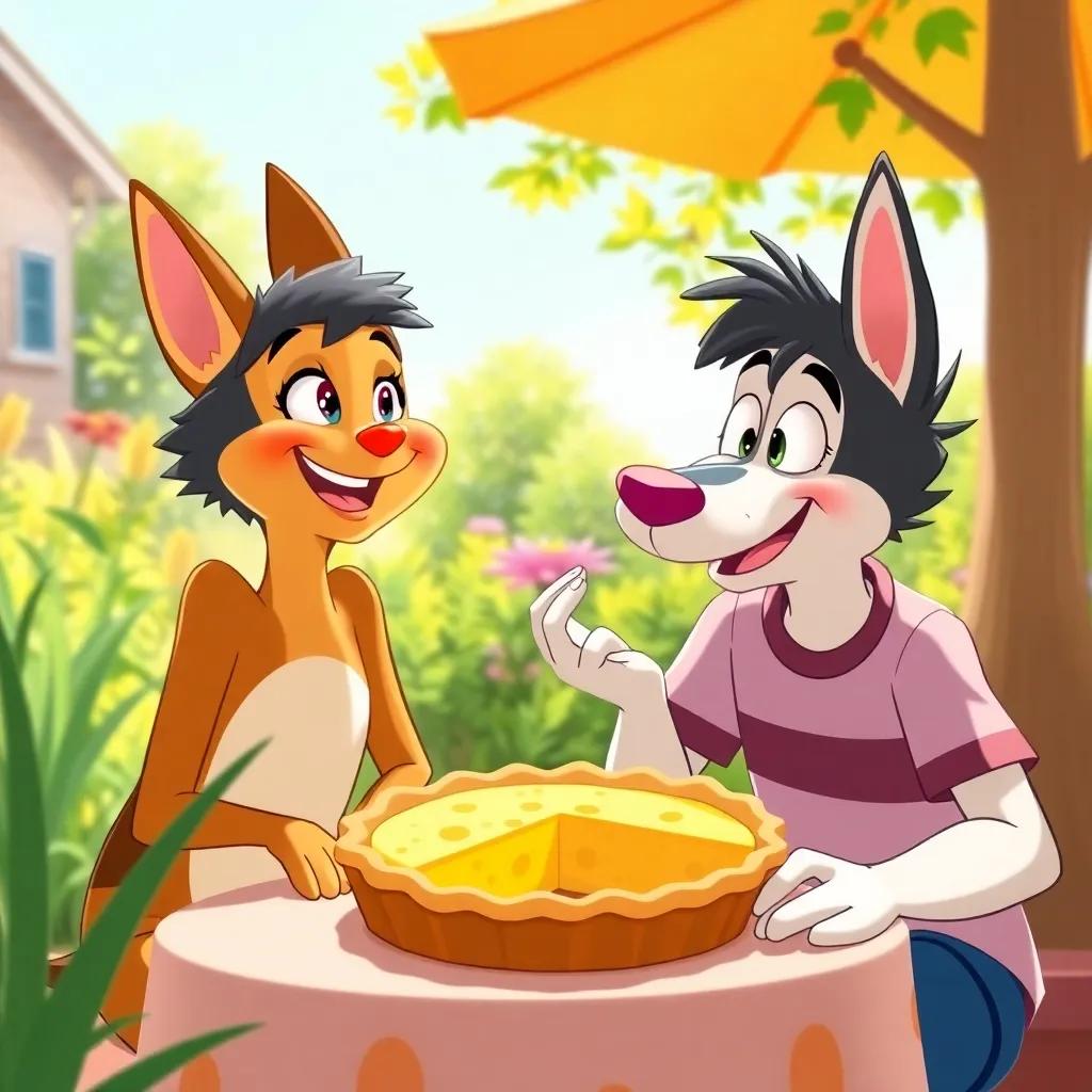 Bella smiling brightly, surprised by the cheese pie that Max made for her, both sitting in a sunny garden enjoying the pie, joyful expressions, digital illustration, vibrant, high quality