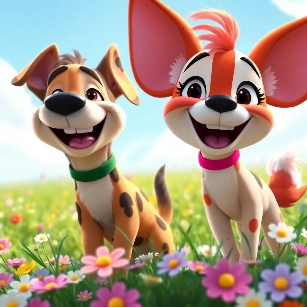Max and Bella, best friends, laughing and having fun together, playing in a meadow filled with flowers, bright blue sky above, cheerful and adventurous spirit, digital art, joyful colors, high quality