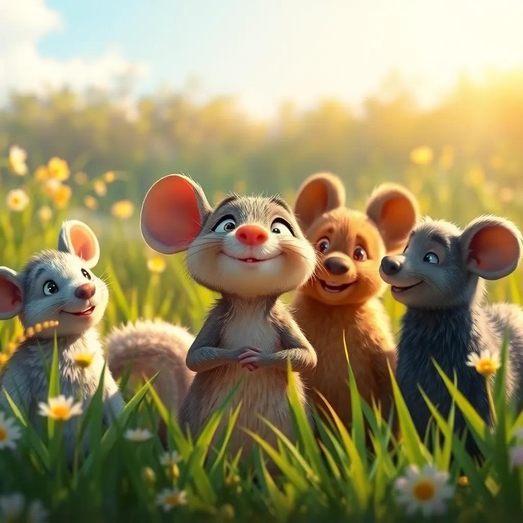 Max the mouse looking content and happy, surrounded by friends in the meadow, values of kindness and friendship highlighted, warm sunny day, digital painting, heartwarming, high quality