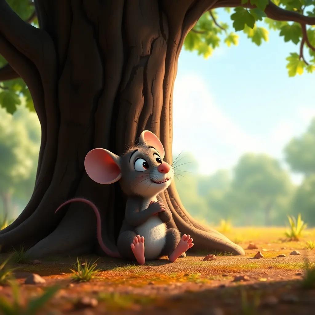 Max, the mouse, reflecting on his lessons, sitting under the oak tree with a thoughtful expression, surrounded by nature, digital art, serene lighting, meaningful atmosphere, high quality